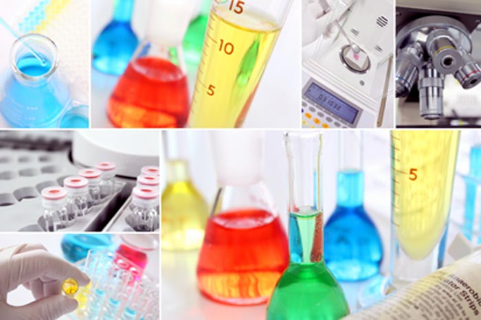 Rechteckiges Bild bestehend aus 7 Einzelbildern mit Motiven aus dem Labor, z.B. Flaschen mit Flüssigkeiten, Mikroskopkof, Laborwaage und Reagenzgläsern