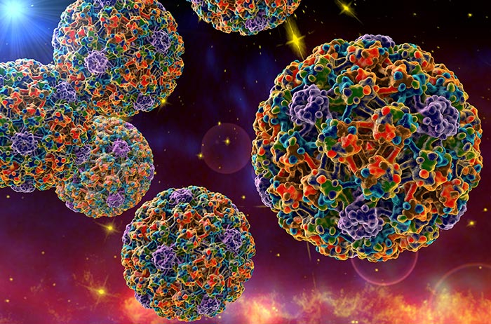 6 blau-rot-lila-farbene HPV auf blau- rotem Hintergrund.